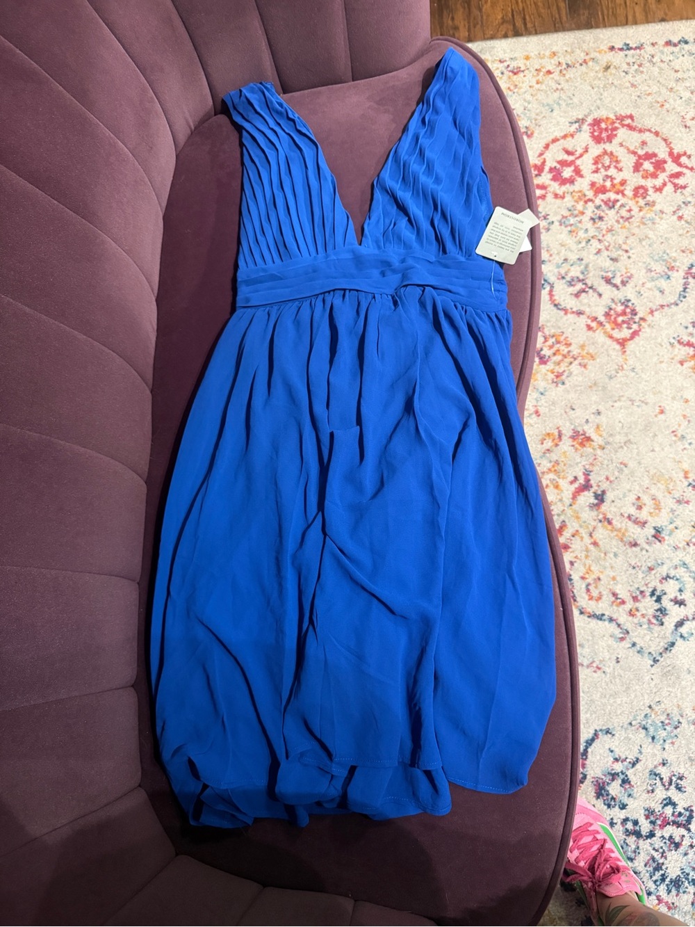 Blue V-Neck Pleated Waist Women’s Dress